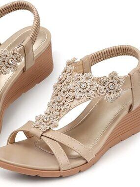 Women's Low Wedge Heels Summer Dressy Platform Sandals Elastic Ankle Strap Open